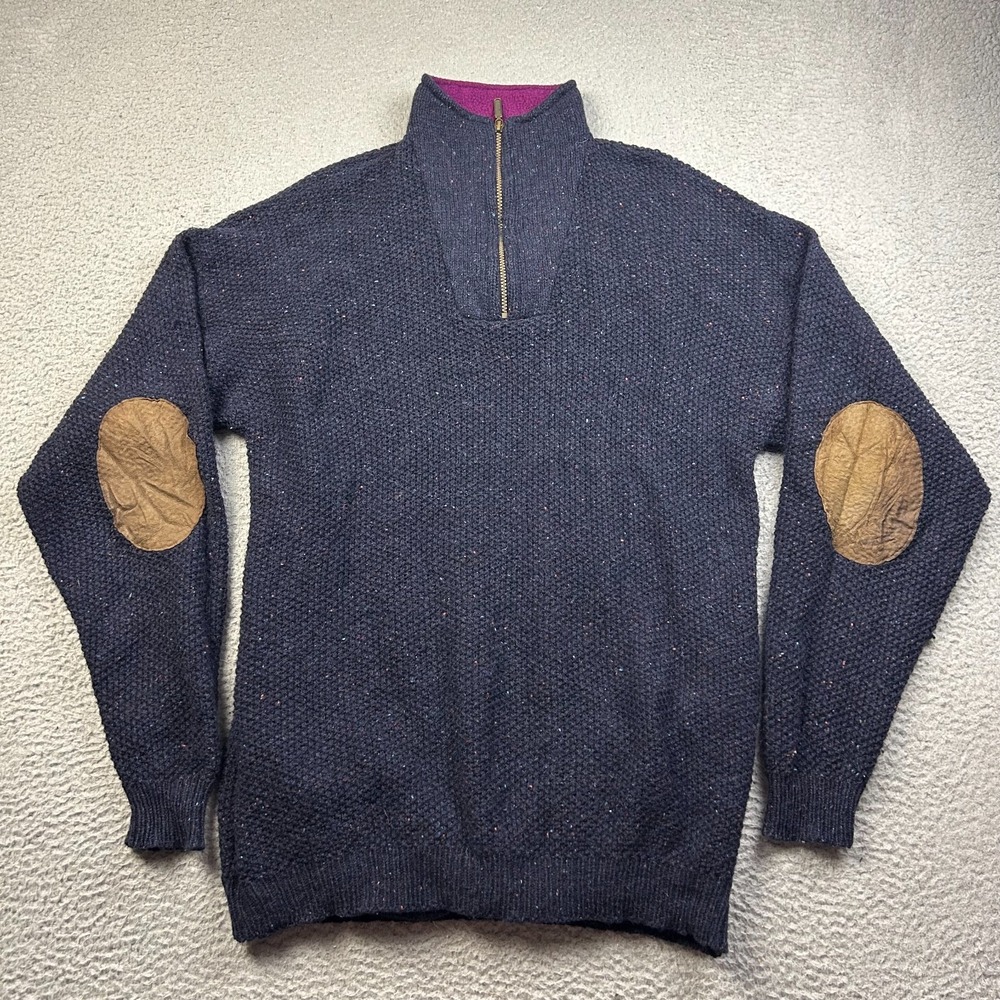 REI Sweater Mens Navy Blue Flecked Wool Knit Elbow Patch 1/4 Zip Pullover Large